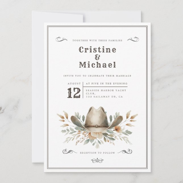 Invitación Boda de gorra de Vaquero Rústico (Anverso)