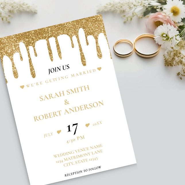 Invitación Boda de goteo de Purpurina blanco y dorado (White & Gold Glitter Drip Wedding Invitation)