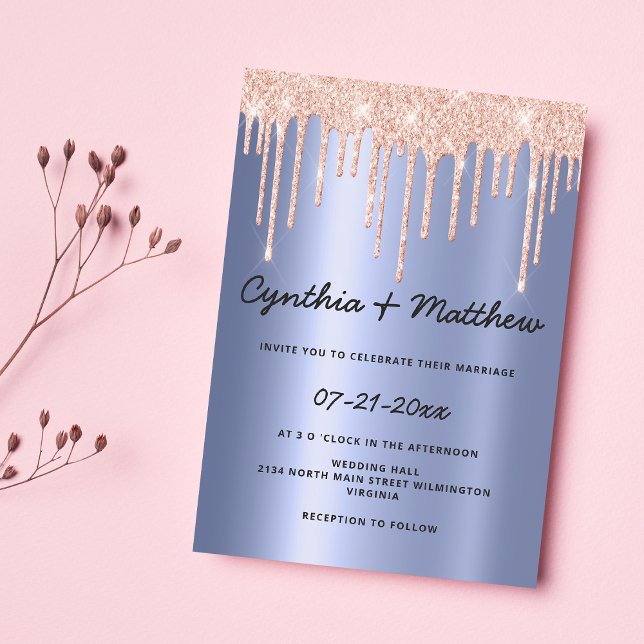 Invitación boda de goteo de purpurina de rosa de gradiente az (Blush blue gradient rose gold glitter drip wedding)