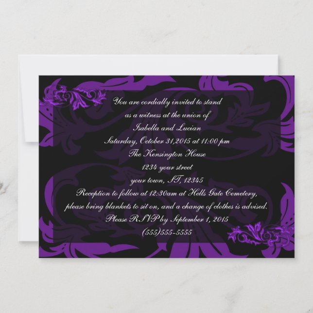 Invitación Boda de Gótico de Damasco Morado Líquido (Anverso)
