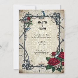 Invitación Boda de Gótico de tatuaje de aves azul retro Rocka