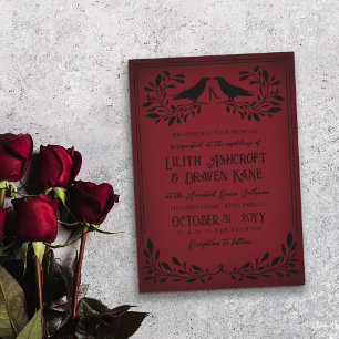 Invitación Boda de Gótico Monograma Rojo Raven Negro