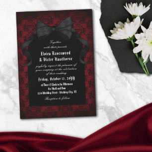 Invitación Boda de Gótico Skull Red Damask Black Bow