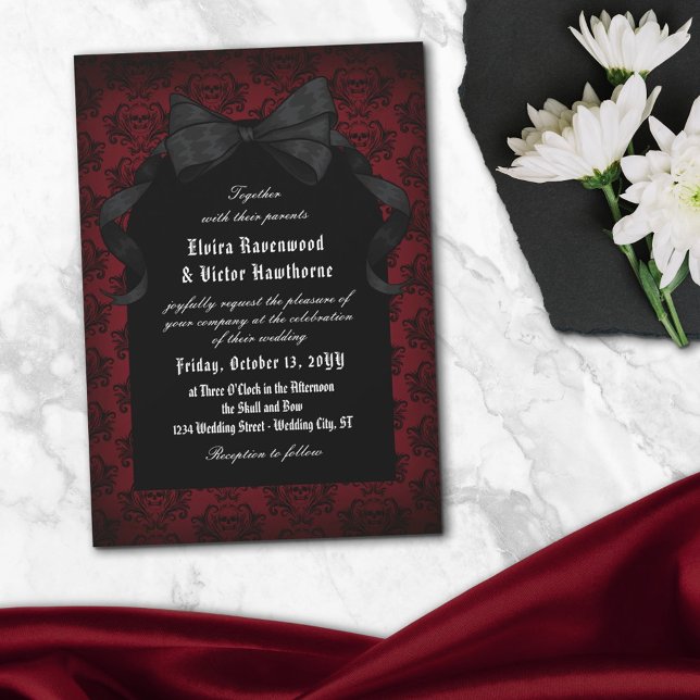 Invitación Boda de Gótico Skull Red Damask Black Bow (Subido por el creador)