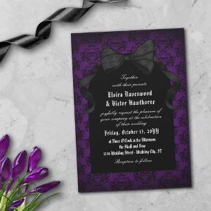Invitación Boda de Gótico Skull Red Damask Black Bow
