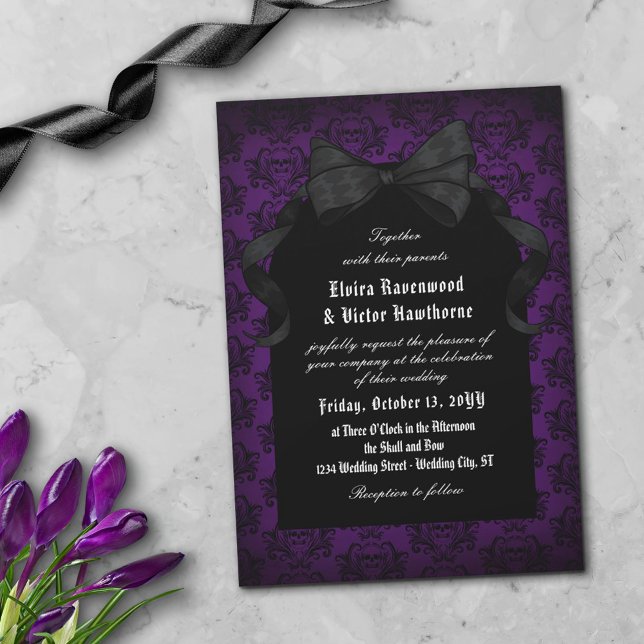 Invitación Boda de Gótico Skull Red Damask Black Bow (Subido por el creador)