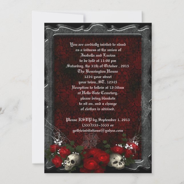 Invitación Boda de Góticos de cráneos y Rosas (Anverso)