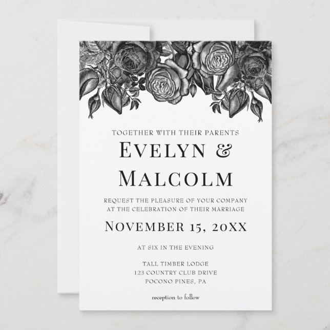 Invitación Boda de grabado de origen blanco y negro (Anverso)