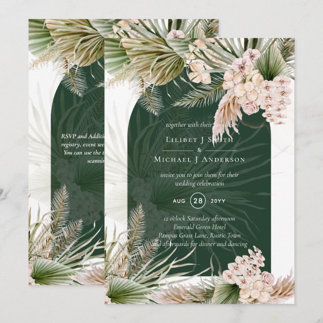 Invitación BODA de Grado BOHO Emerald Green Pampas (Anverso / Reverso)