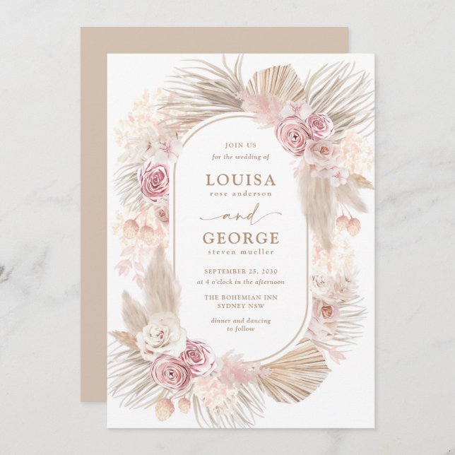 Invitación Boda de Grado Boho Pampas Tropical Floral de Rubor (Anverso / Reverso)