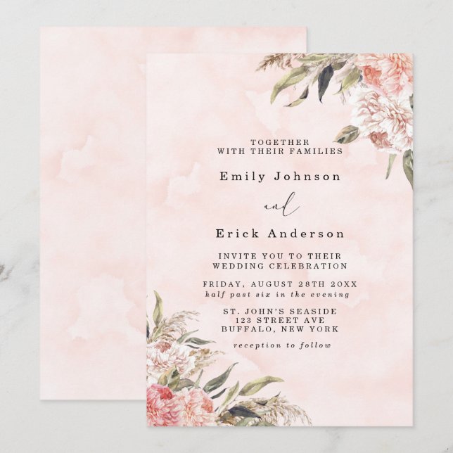 Invitación Boda de Grado Boho Pink Peony Pampas (Anverso / Reverso)