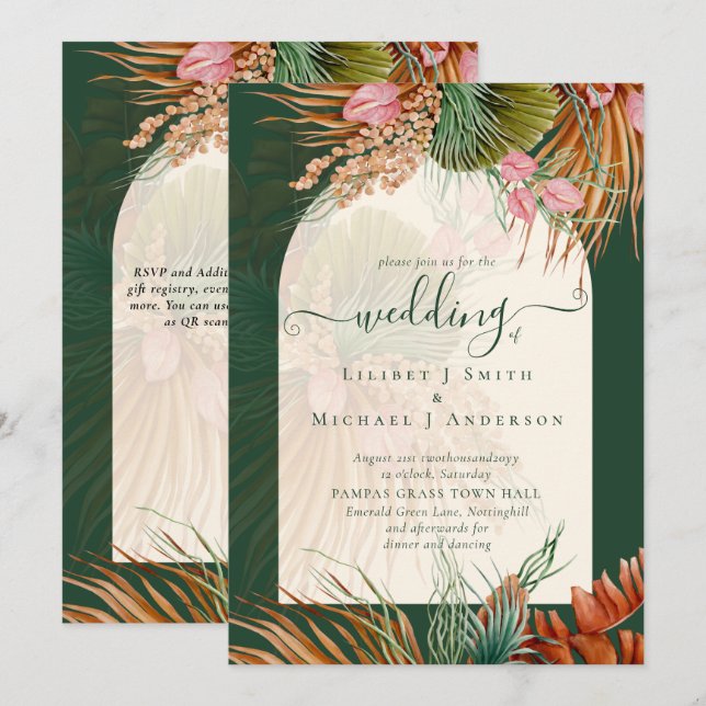 Invitación Boda de Grado de Emerald Green Boho Tropical Pampa (Anverso / Reverso)