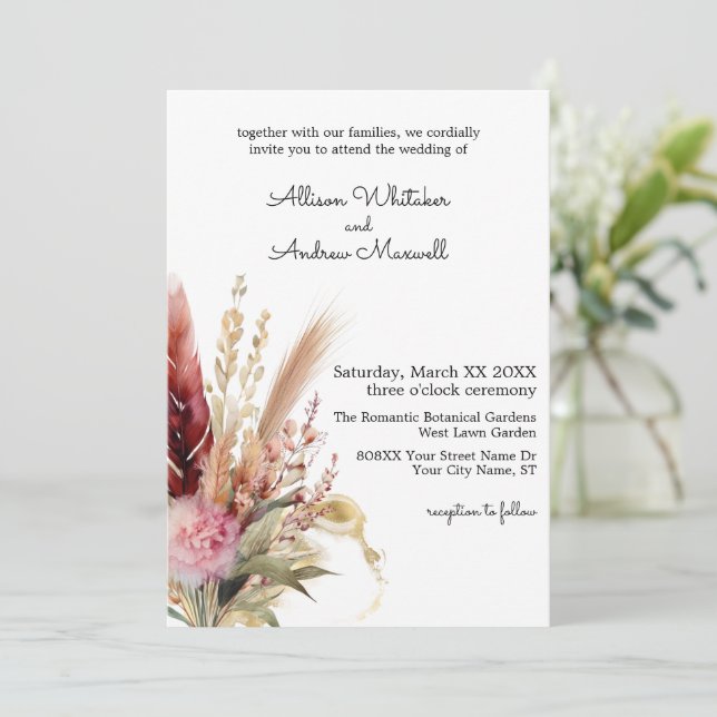Invitación Boda de Grado Romántico Boho Pampas (Anverso de pie)