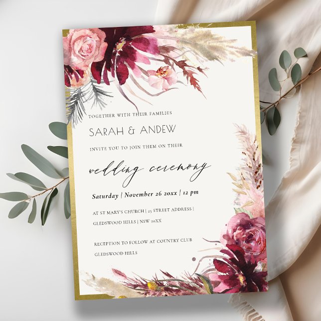 Invitación Boda de gramática Gold Burgundy Rubor Pampas (Subido por el creador)