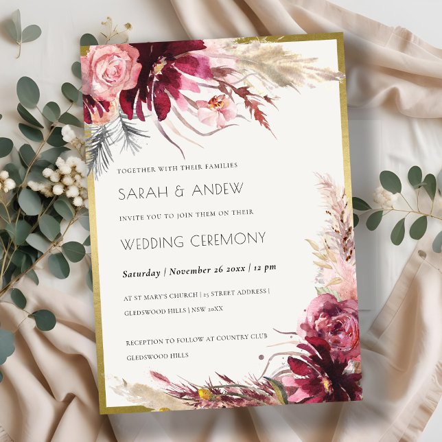 Invitación Boda de gramática Gold Burgundy Rubor Pampas (Subido por el creador)