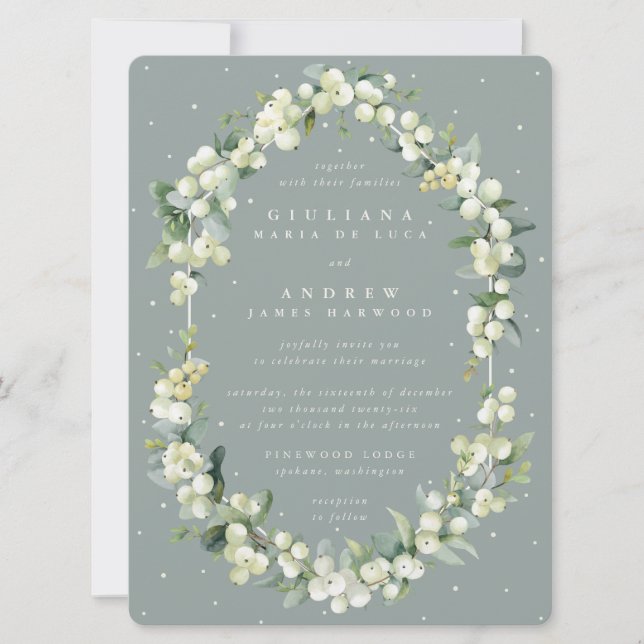 Invitación Boda de gran copo de nieve verde + eucalipto (Anverso)