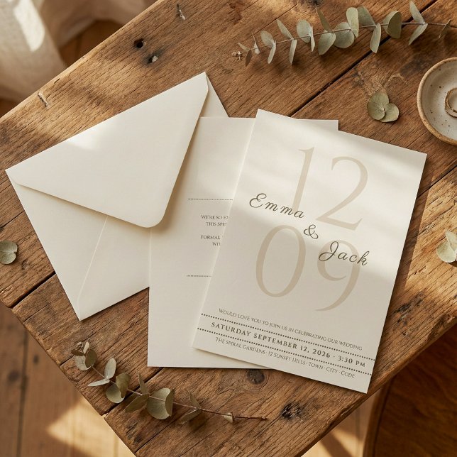 Invitación Boda de grandes citas y nombres de guiones Minimal (Neutral Minimalist Script Names & Big Date wedding Invitation.)
