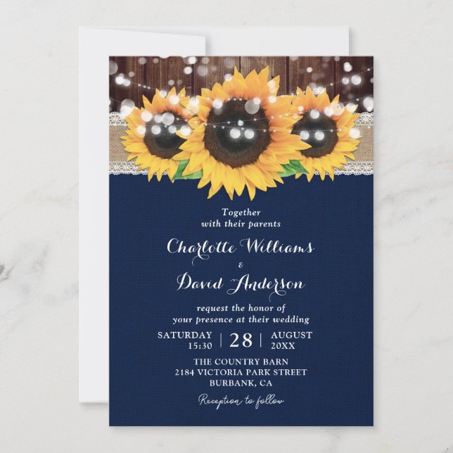 Invitación Boda de granero de girasol azul de la Marina Rusa (Anverso)