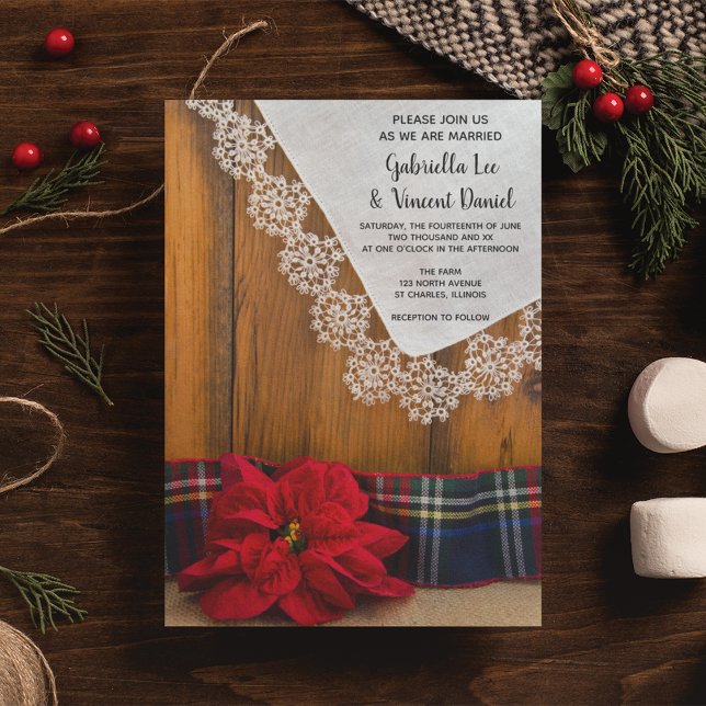 Invitación Boda de granero de invierno con poinsettia roja ru (Set a warm and festive tone for your December wintery rustic wedding ceremony and reception.)