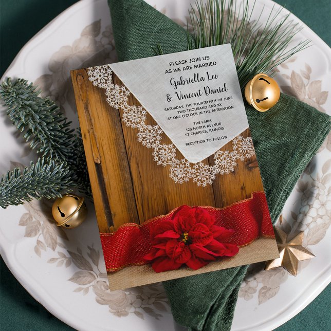 Invitación Boda de granero de invierno rústico de poinsettia  (Set a warm and festive tone for your rustic December wedding ceremony and reception.)
