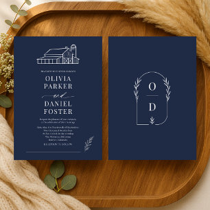 Invitación Boda de granero en arte de línea azul marino