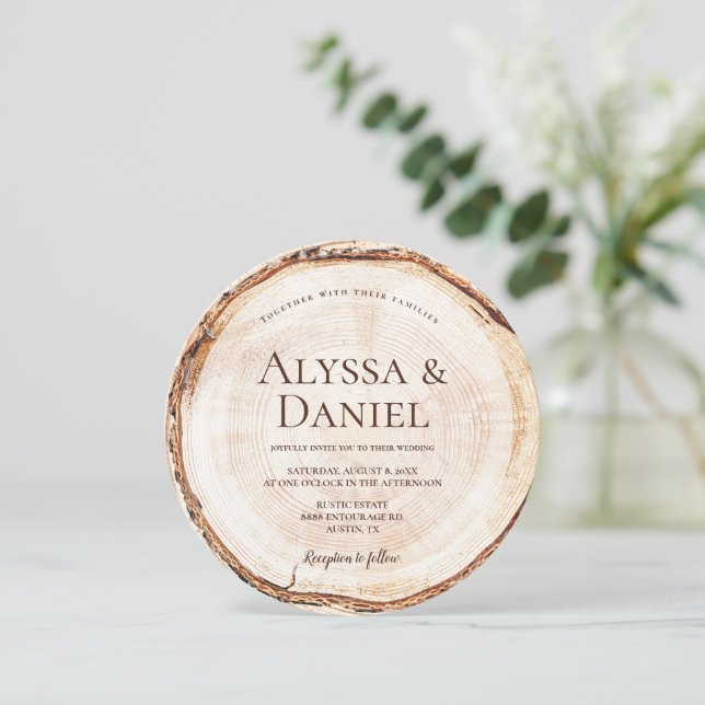 Invitación Boda de granero madera cortada rústica personaliza (Anverso de pie)