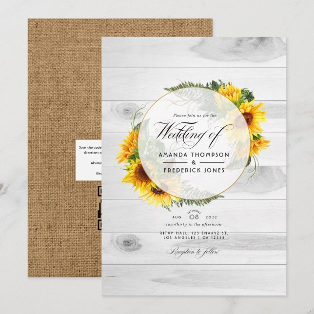 Invitación Boda de granero rústico de campo de girasoles códi (Anverso / Reverso)