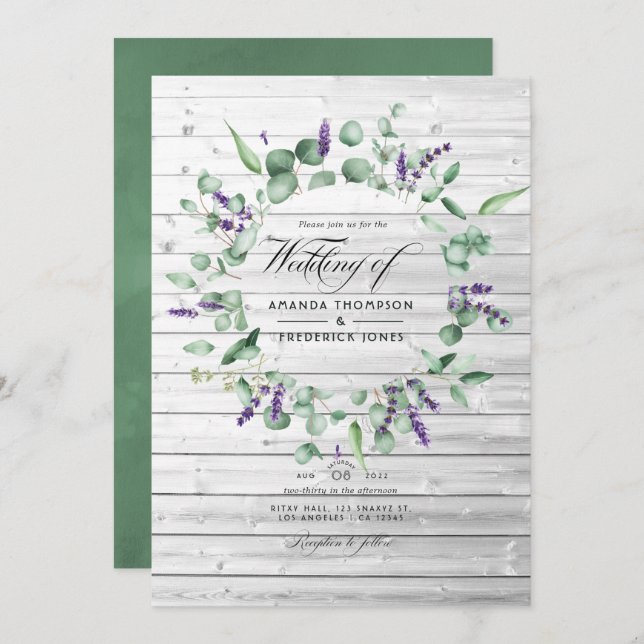 Invitación Boda de granero rústico Eucalyptus Lavender (Anverso / Reverso)
