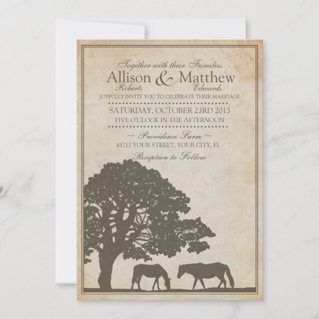 Invitación Boda de granja de caballos marrón y marfil (Anverso)