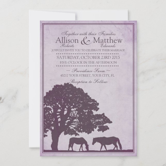 Invitación Boda de granja de caballos morados (Anverso)