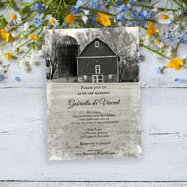 Invitación Boda de granja de granjas de campo (Invite guests to your farm marriage ceremony with this Country Barn Wedding Invitation.)