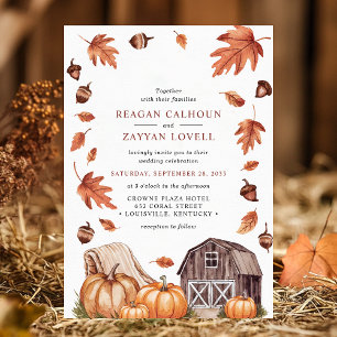 Invitación Boda de granja de hojas de otoño y granero rústico