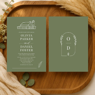 Invitación Boda de granja en arte de línea de granero verde o