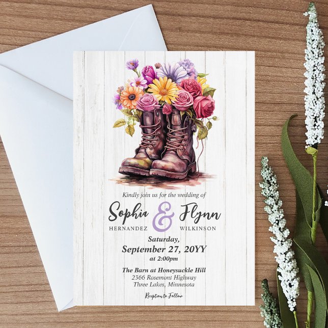 Invitación Boda de granja rural Rústico Wood & Floral Boots (Subido por el creador)