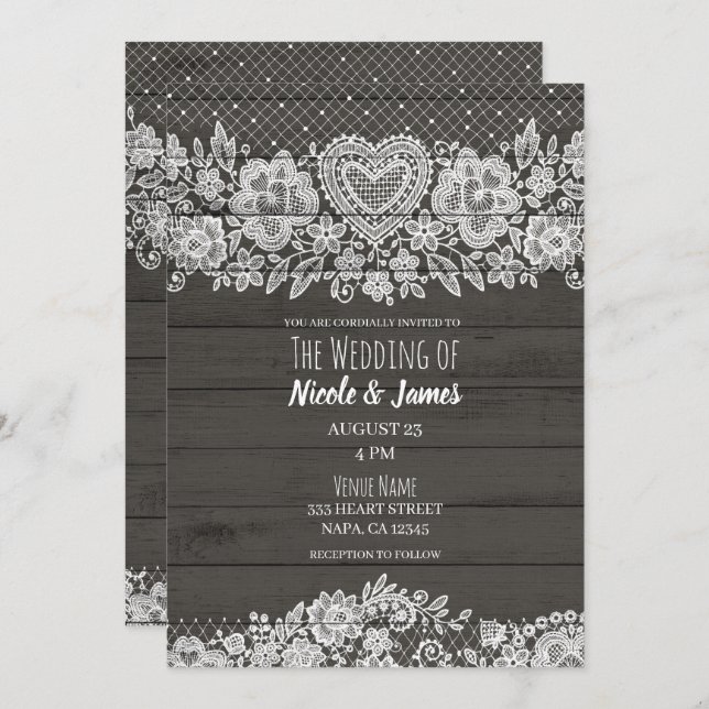 Invitación Boda de granjas de madera rústica y encaje blanco (Anverso / Reverso)