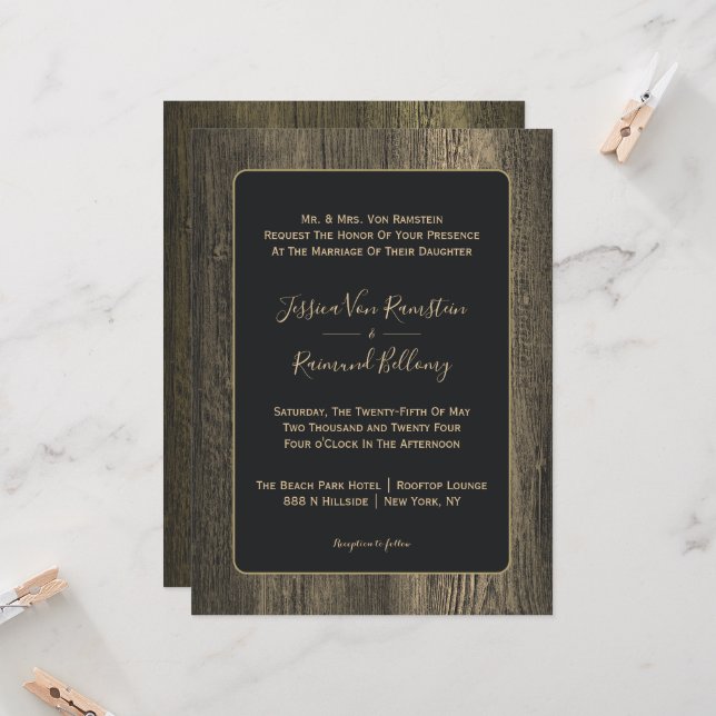 Invitación Boda de Grano de Madera Dorada (Anverso/Reverso In Situ)