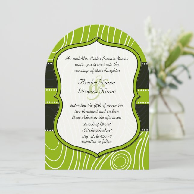 Invitación Boda de grano de madera verde verde de Apple Black (Anverso de pie)