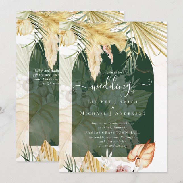 Invitación BODA de Grasa BOHO Wheat Pampas (Anverso / Reverso)