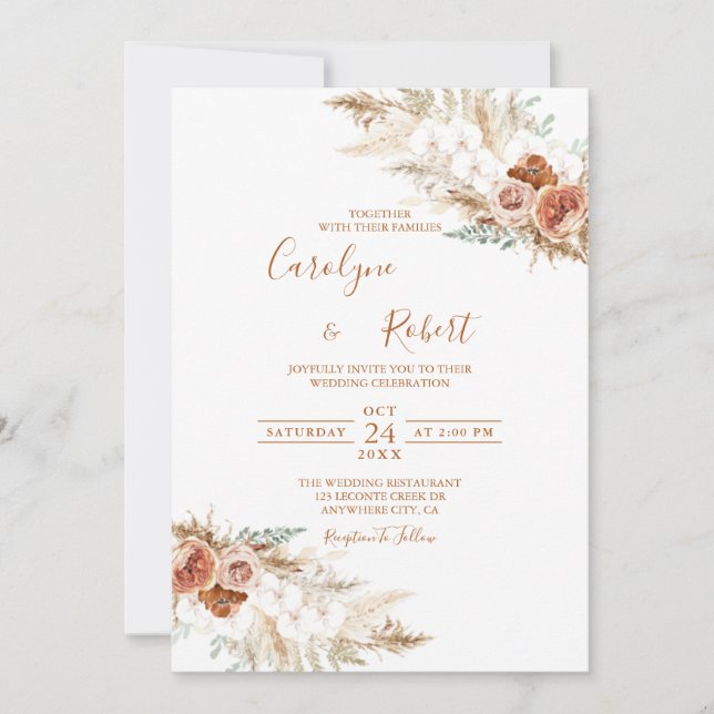 Invitación Boda De Grasa De Pampas Florales Silenciadas Todo  (Anverso)