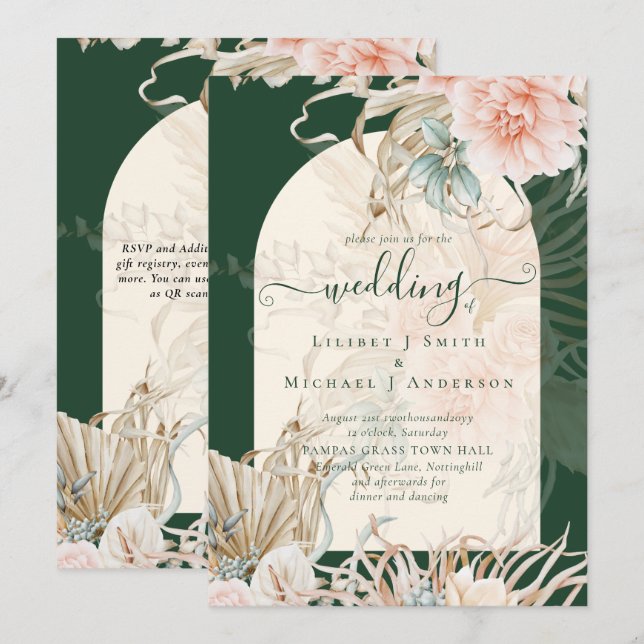 Invitación Boda de Grasa Emerald Green BOHO Peach Pampas (Anverso / Reverso)