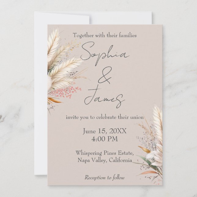 Invitación Boda de Grasa Light Taupe Boho Pampas (Anverso)