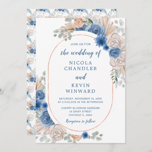Invitación Boda de Grass Blue Boho Pampas (Anverso / Reverso)