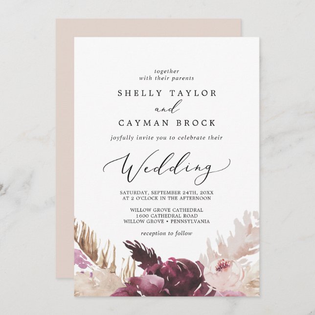 Invitación Boda de Grass Boho Pampas (Anverso / Reverso)