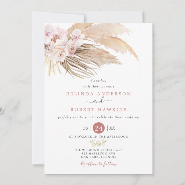 Invitación Boda de Grass Boho Pampas, desierto Rosa y polvori (Anverso)