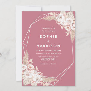 Invitación Boda de Grass Boho Pampas, Rosa con polvo geométri