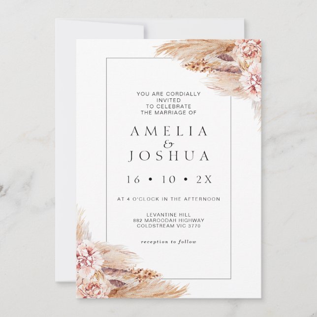Invitación Boda de Grass Boho Rubor Floral Pampas (Anverso)