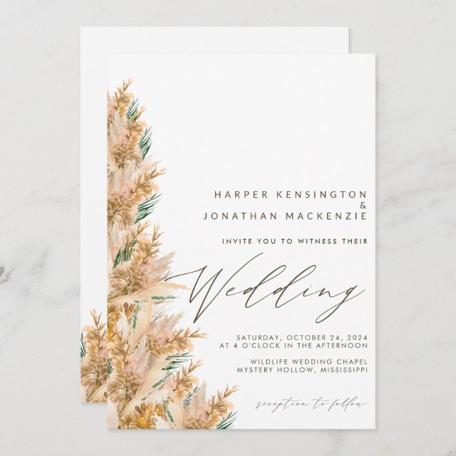 Invitación Boda De Grass Moderno Boho Elegant Pampas (Anverso / Reverso)