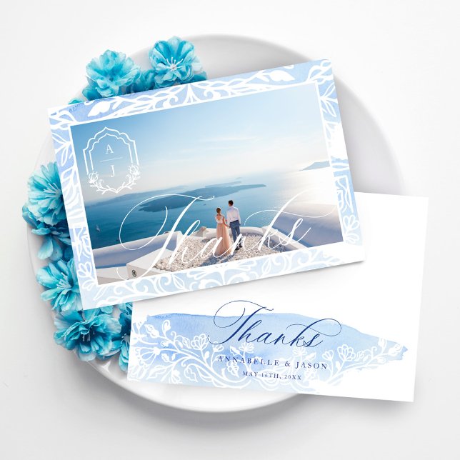 Invitación Boda de Grecia gracias a guión de foto en monogram (Greece Wedding Thanks Script Monogram Photo Invitation)