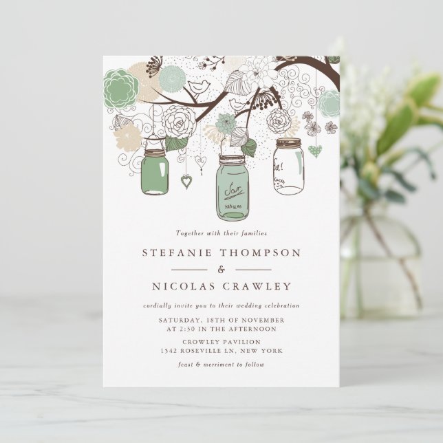 Invitación Boda de Green Hanging Mason Jars (Anverso de pie)