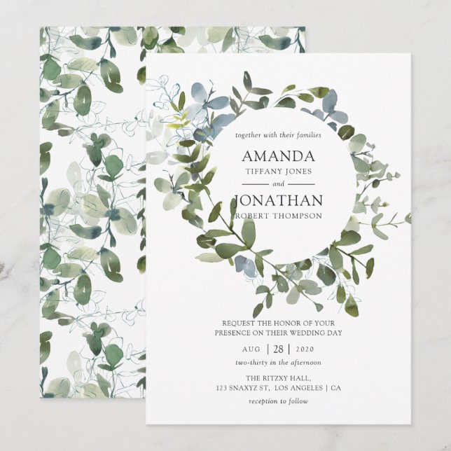 Invitación Boda de greenery con eucalipto en acuarela (Anverso / Reverso)